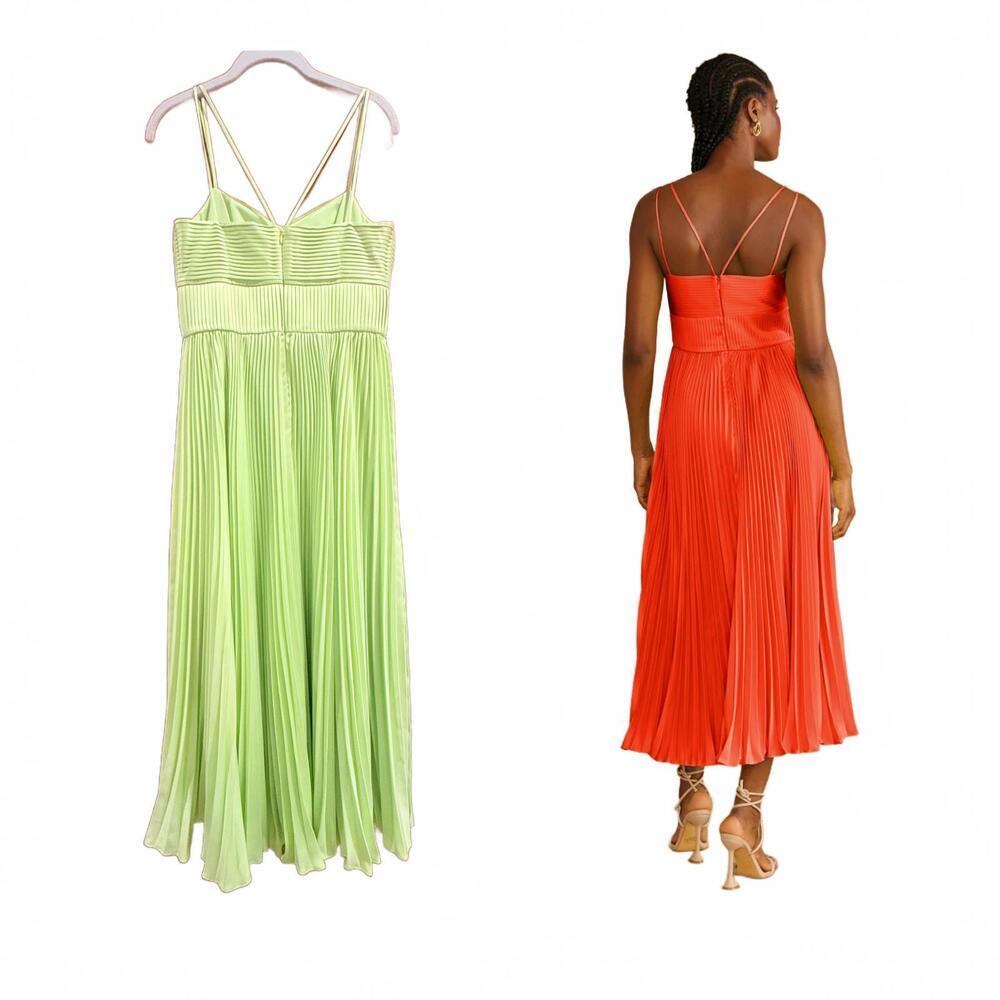 AMUR Krisley Pleated Satin Lime Green Midi Dress - Picture 3 of 12